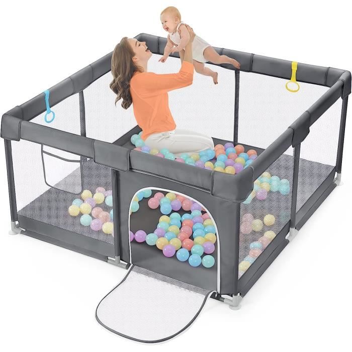 Parc pour bébé 127 x 127 cm, Grand espace de jeu de sécurité avec côtés en maille, Barrière de Sécurité pour enfant, Gris