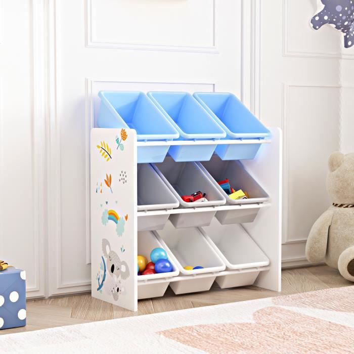 Étagère de rangement Muxía pour enfant avec 9 bacs ouverts blanc gris bleu