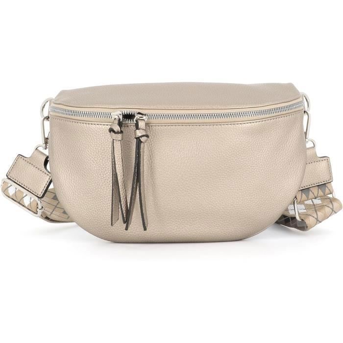 Sac Banane Femme Flora Co Paris - Similicuir Grainé Taupe Métal - Bandoulière Brodée 5cm Sac Banane Femme Flora Co Paris - Similicuir Grainé Taupe Métal - Bandoulière Brodée 5cm