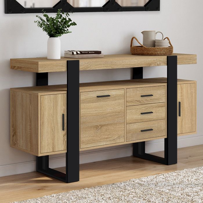ID MARKET buffet PHOENIX 3 portes et 3 tiroirs 140 cm Loft bois et noir