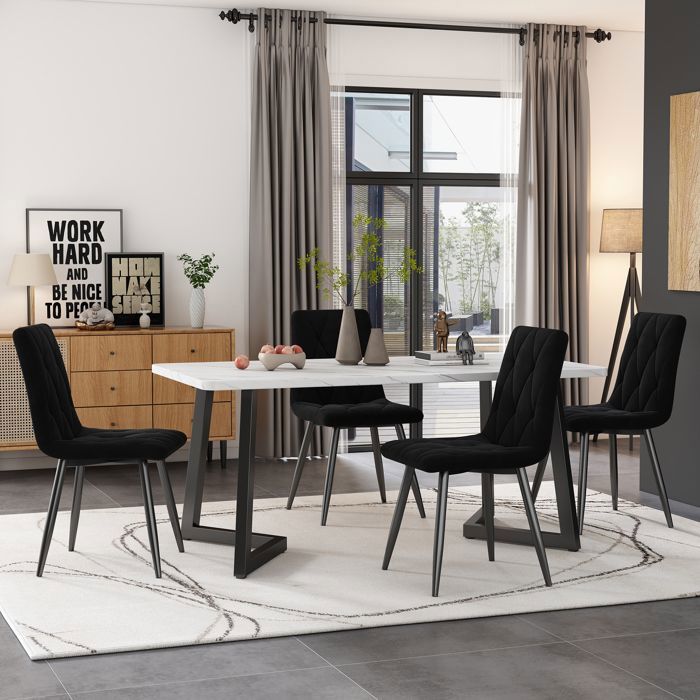 Table a manger + 4 Chaise salle a manger Table à manger rectangulaire 117 x 68 cm chaises de cuisine en velours sergé noir