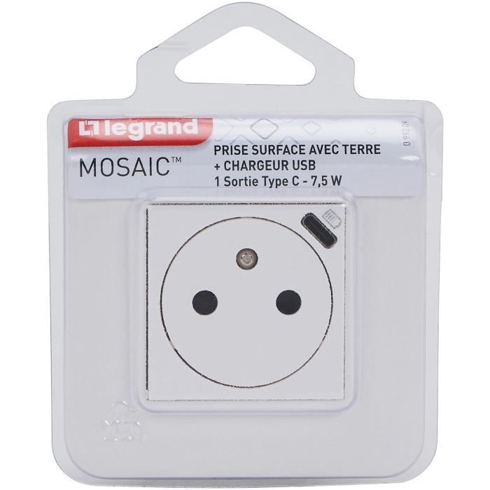 LEGRAND - Mosaic prise 2pt 1.5A/chargeur usb blanc complet