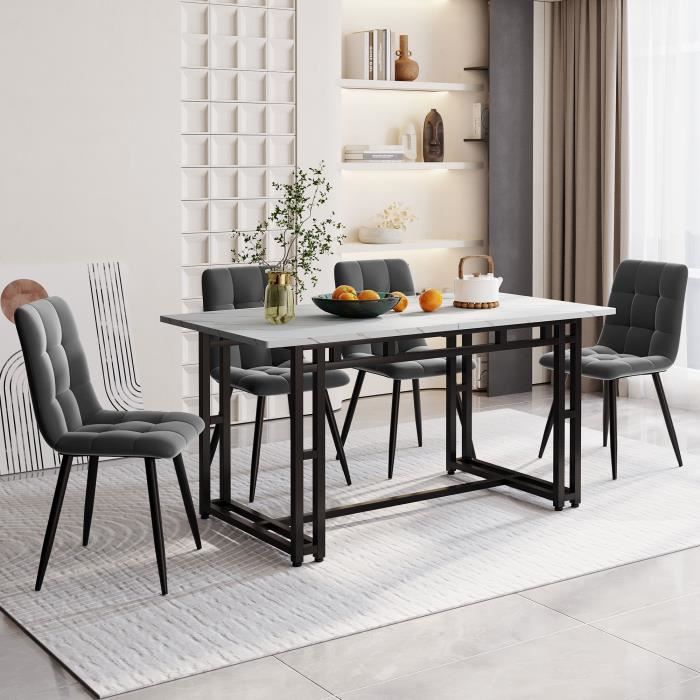 table à manger blanc 140 x 80 cm avec 4 chaises en velours gris foncé, table à pieds en fer noir