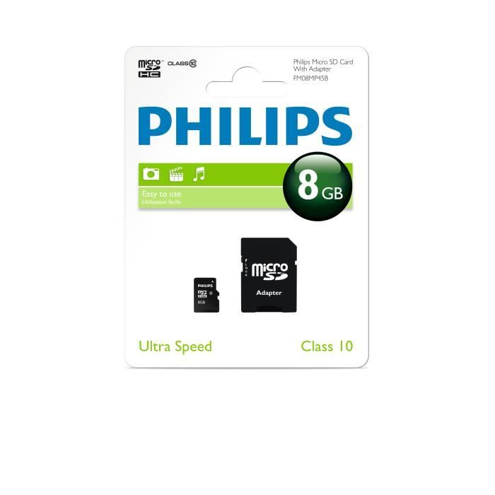 Carte micro SDHC - PHILIPS - Class 10 - 8GO