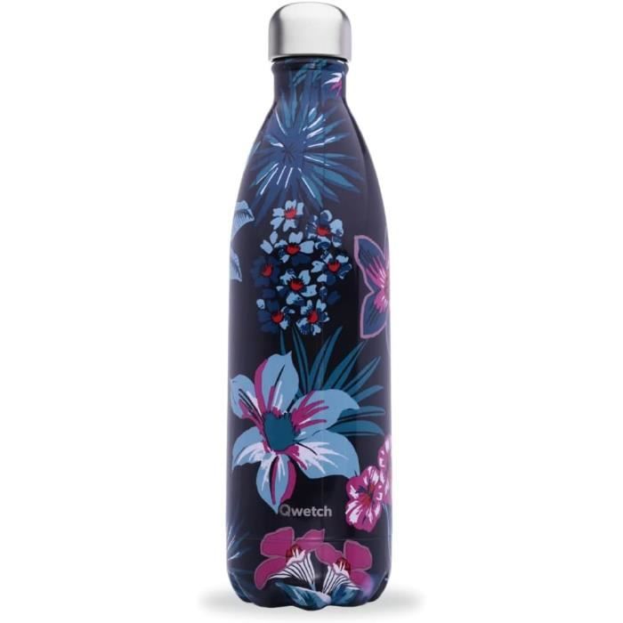 Qwetch - Bouteille Isotherme Bornéo Noir 1L - Gourde Nomade Inox - 24h Froid et