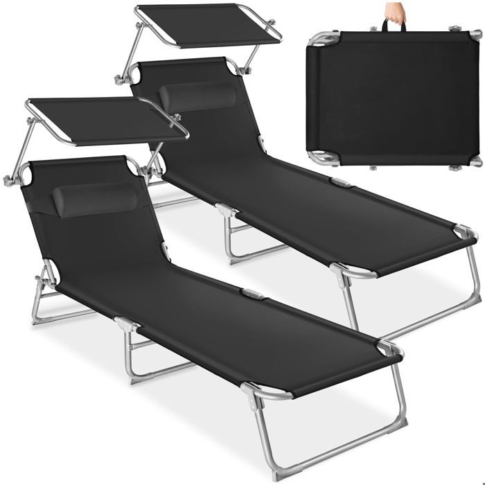 Bains de soleil - TECTAKE - Lot de 2 transats CHLOÉ pliable 4 positions avec appui-tête et pare-soleil 190 x 68 x 111 cm - Noir Bains de soleil - TECTAKE - Lot de 2 transats CHLOÉ pliable 4 positions avec appui-tête et pare-soleil 190 x 68 x 111 cm - Noir