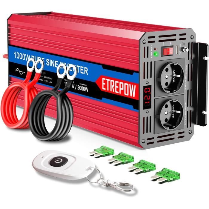 XWJNE Onduleur Pur Sinus 1000W 12V 220V Avec Écran LCD, Télécommande Et USB - Idéal Camping Et Voiture