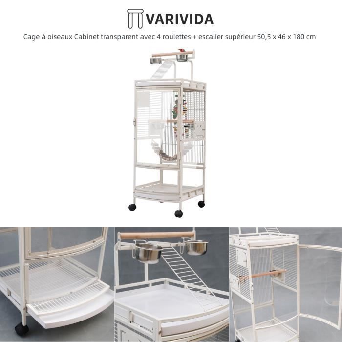 Comparer les prix de VARIVIDA Cage à oiseaux Cabinet transparent avec 4 roulettes + escalier supérieur 50,5 x 46 x 180 cm