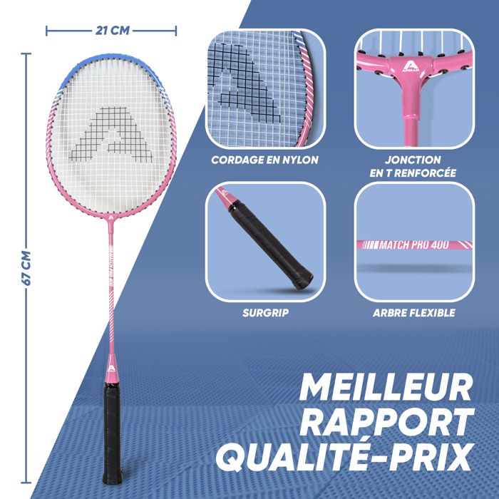 LANTRO JS Raquette Badminton Rose - Lot 2 Raquettes + Sac Pour Débutants