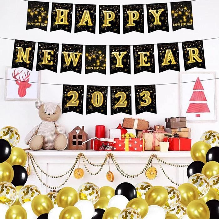Decoration Nouvel An 2023 Or Noir, Deco Fete Nouvelle Année Avec Ballon  Numéro 2023, Ballon Champagne, Happy New Year Banniè[u12205] - Cdiscount  Sport