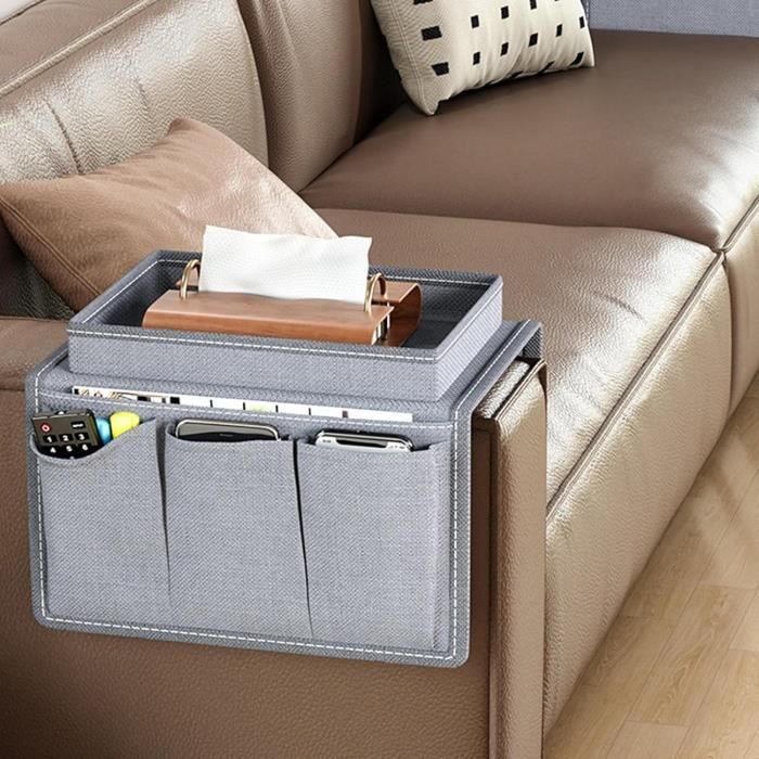 Betoores Organisateur D'Accoudoirs De Canapé - 5 Poches - Range Télécommande, Téléphone, IPad, Livres - Bleu Gris