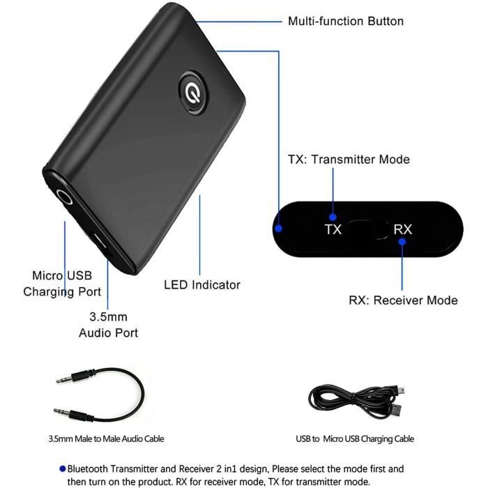 ZAMUS Adaptateur Bluetooth 5.0 Transmetteur, Bluetooth Récepteur et Émetteur  2-en-1 Sortie Stéréo 3.5mm pour Casque TV,PC - Cdiscount TV Son Photo