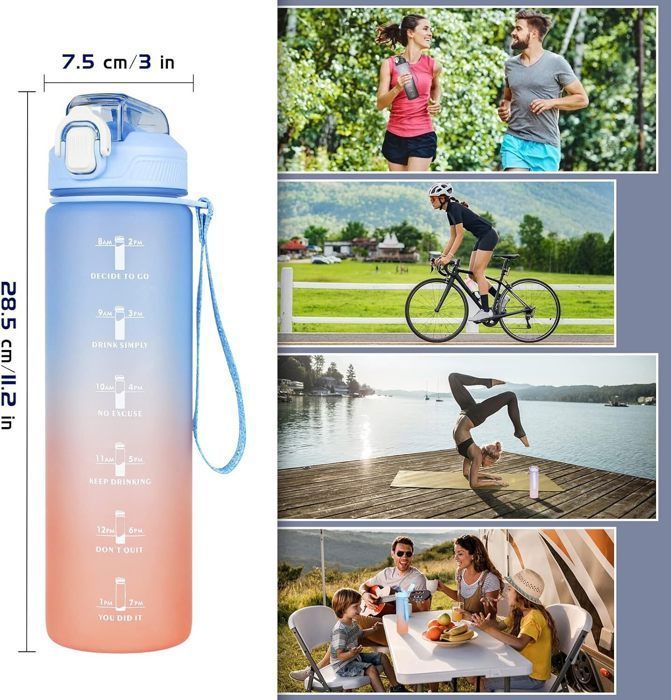 Gourde 1L Avec Marqueur De Temps - Bouteille D'Eau Sport Étanche, Paille Intégrée, Réutilisable Pour Sport, Randonnée, Yoga Et Voyage
