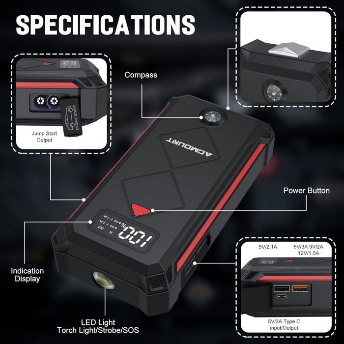 Acmount Booster Batterie Voiture 7000A Avec Gonfleur 150PSI - Démarreur 23800mAh Jusqu'à 9L Essence 8L Diesel - Éclairage 3 Modes
