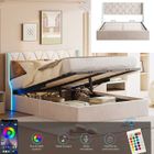 KILISKY Lit coffre 160 x 200 cm avec éclairage LED et espace de stockage hydraulique, Sommier à lattes, Flanelle,Beige,Sans matelas