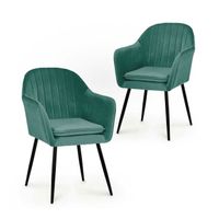 REGINA - Lot de 2 chaises avec accoudoirs en velours vert pieds noirs