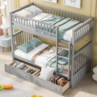 Lit superposé 90x200cm, lit enfant avec tiroirs et échelle, cadre en pin, gris