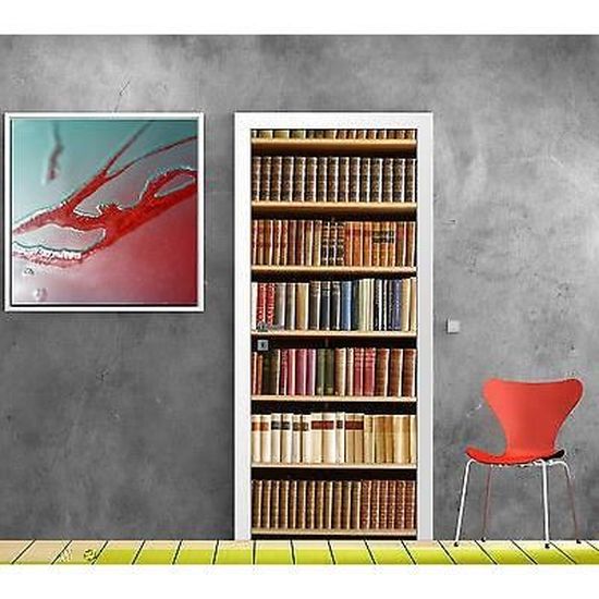 Autocollant Porte Trompe-l'œil Bibliothèque 3D - 77x200 Cm, Vinyle PVC - Décoration Murale Facile