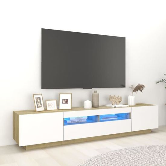679NEW HOME Meuble TV avec lumières LED - Living Banc TV Multifonction - Table pour Salon Unité murale Blanc et chêne sonoma 200x35x