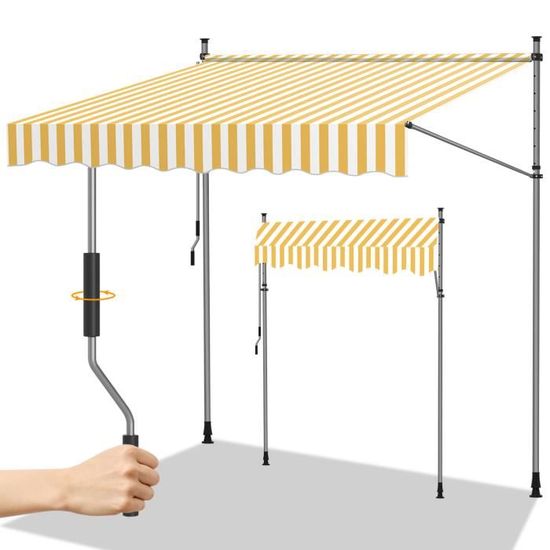 Store Banne Manuel Rétractable Detex - Marquise Terrasse 180x350cm - Montage Sans Perçage - Orange/Noir/Blanc