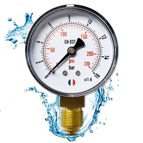 Manomètre Pression Eau 0-3 Bar - Raccord 1/4 Pouce - Pour Piscine, Filtre à Sable, Aquarium - Laiton Et Alliage