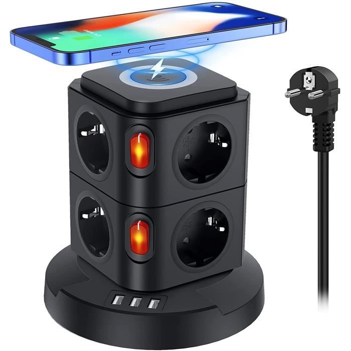 Multiprise usb,avec station de charge sans fil 10w, 8 prises 3 usb