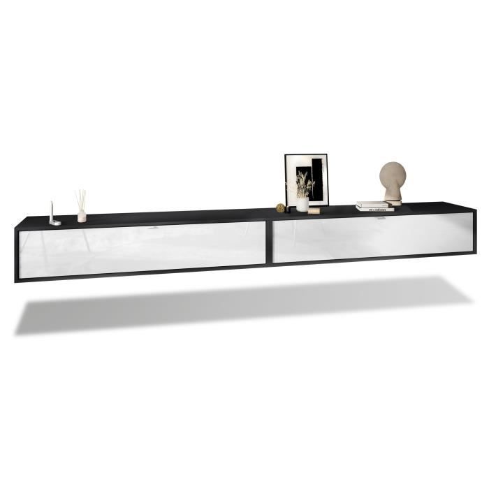Ensemble de 2 set meuble TV Lana 140 armoire murale lowboard 140 x 29 x 37 cm, caisson en Noir mat, façades en Blanc haute brillance