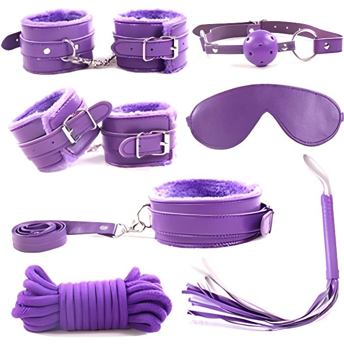 7Pcs/Set Adulte Bondage Sexuel Kits du SM Menottes Fouet Ball Gag Corde Cosplay Jouets Sexuels Emballé Discret Violet