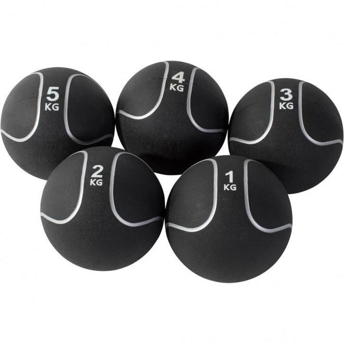 Lot de 5 Médecine ball style noir-gris - Poids total 15 kg (1+2+3+4+5 kg)