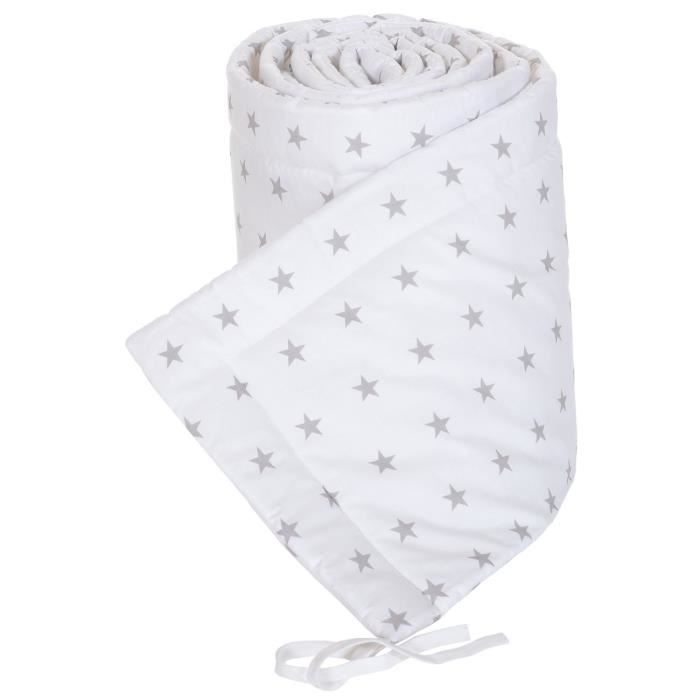 LCP Kids Bordure de lit Protection de tête de nid Literie de bébé Protection de bordures de lit bébé 180x30 cm STARS, Blanc & Gris