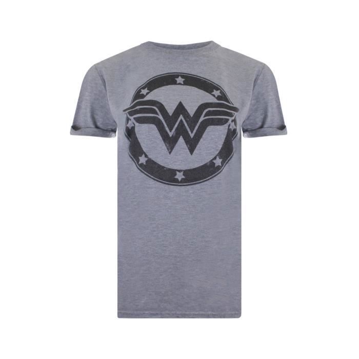 DC Comics T-Shirt Super Héros à Manches Courtes Pour Femme - Motif Imprimé Wonder Woman Logo Effet Métallique - Gris Clair