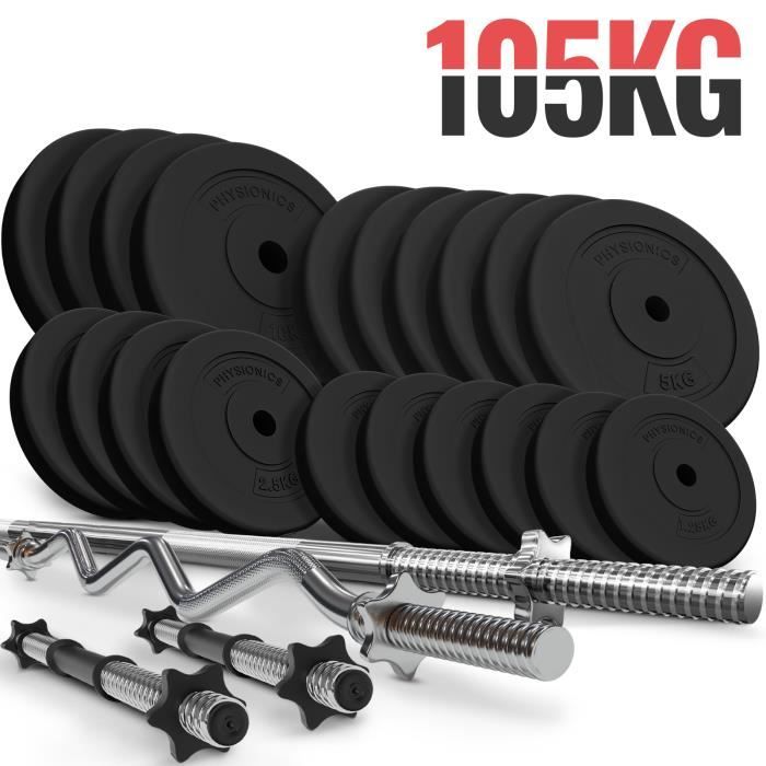 Physionics® Set de Barres d'Haltère avec Disques de Poids - Set 105kg, Barre Longue, 2 Barres Courtes, Barre EZ, Disques - Fitness
