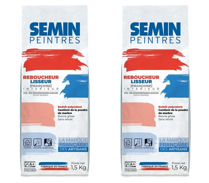 Lot de 2 enduits de rebouchage et lissage en poudre Reboucheur Semin - séchage rapide - intérieur - sac de 1,5 kg