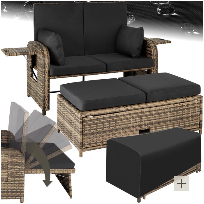 TECTAKE Canapé de jardin CRÈTE en Résine tressée modulable en Bain de soleil 2 Places Coffre de rangement Cadre en Alu Marron