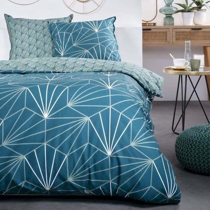 Parure de lit Sunshine - 2 personnes - 240 x 260 cm - 100% coton - Bleu Motif Géométrique - TODAY