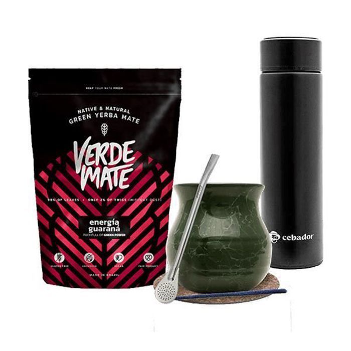 Yerba Mate Kit Verde Green Energy Guarana Non Fumé 500g + Vert Calebasse Maté 375 ml + Thermos à LED 480 ml