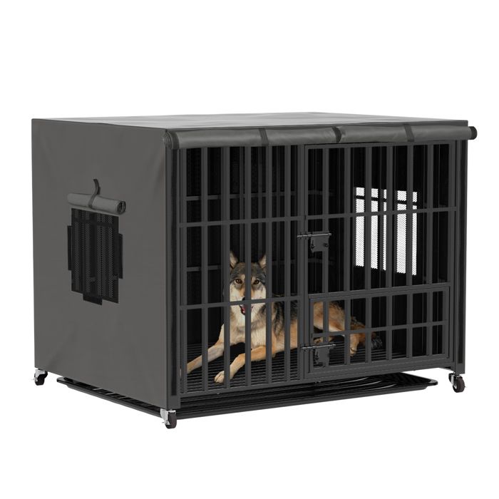 cage chien avec housse solide caisse de transport sur roulette cages robuste extérieur en métal avec 3 porte et plateau 97x59x74cm