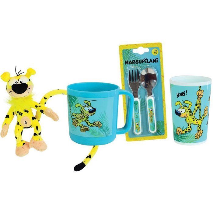 Lot vaisselle - FUN HOUSE - MARSUPILAMI - Verre 220 ml mug 350 ml couverts peluche 18 cm