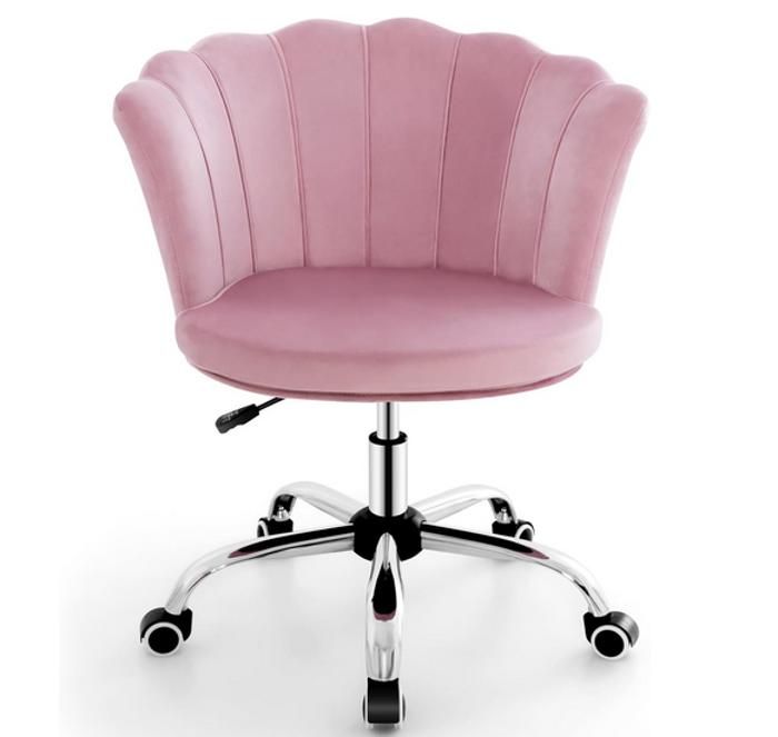 GIANTEX Fauteuil Pivotante à 5 Roulettes en Velours- Hauteur Réglable- Chaise de Bureau/Coiffeuse Rembourré- Cadre en Métal- Rosé