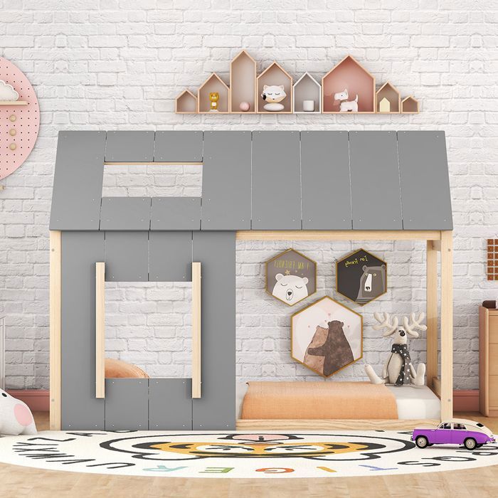 Lit cabane enfant - PUGSDRLY - Lit cabane (maison) - 90 x 200 cm - Pin & MDF - Toit et fenêtre