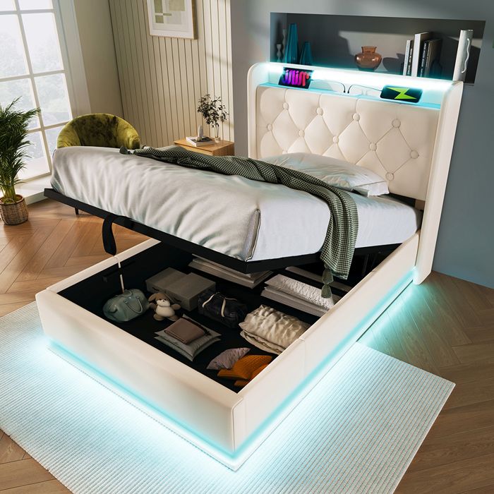 Lit coffre 90x200 cm avec fonction de chargement USB Type-C bouton poussoir/application/télécommande - SWEIKO - PU - Beige