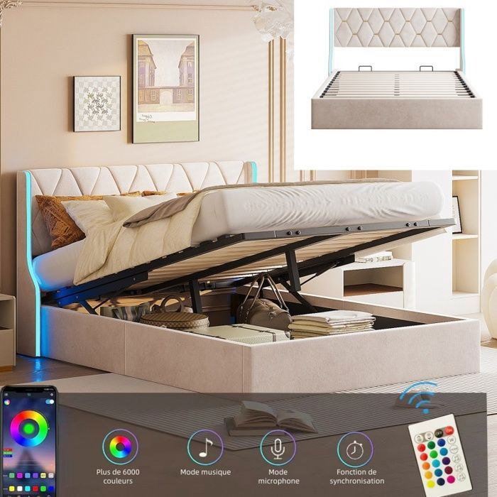 Lit coffre 160 x 200 cm avec éclairage LED et espace de stockage hydraulique Sommier à lattes Flanelle Beige Sans matelas