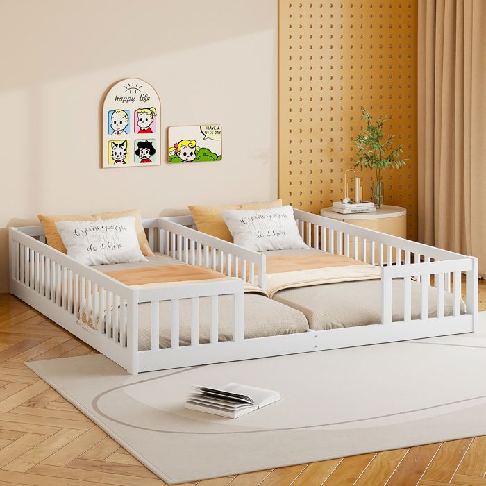 Lit Enfant LARS 90x200cm - Blanc Avec Barrière Amovible Et 2 Tiroirs - Convertible Adolescent - 150kg Max