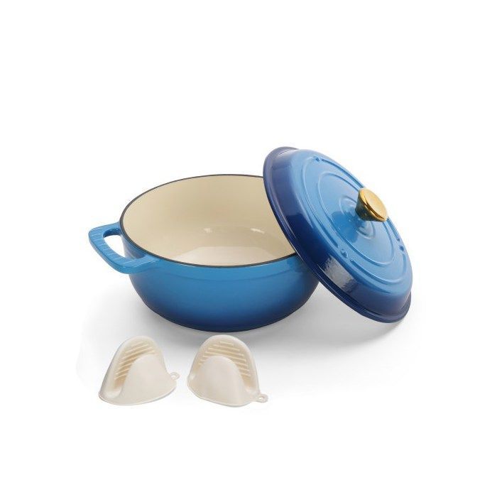 Cocotte - ALIGHTUP - Cocotte Fonte Émaillée ronde Avec 2 Gants de Cuisine en Silicone 28cm - Dégradé bleu