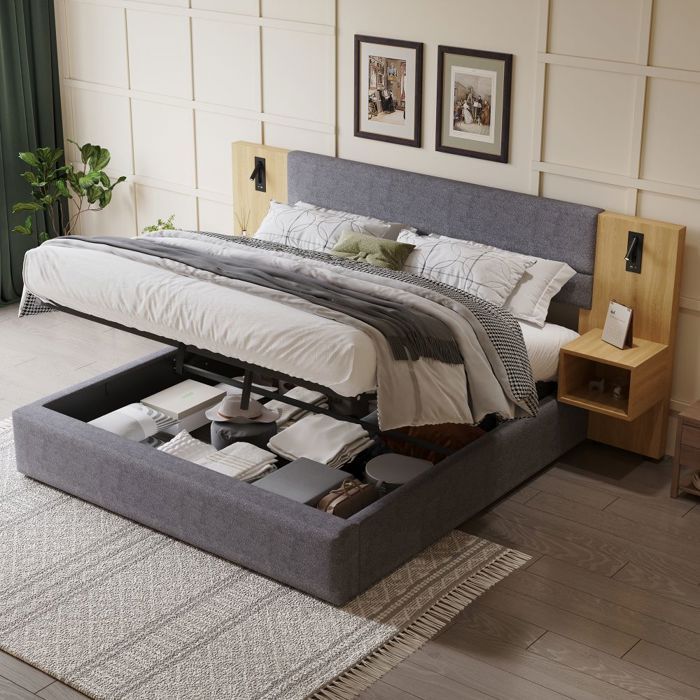 Lit Double 160x200 cm avec sommier hydraulique éclairage LED tables de chevet rangement USB velours gris - Sans Matelas