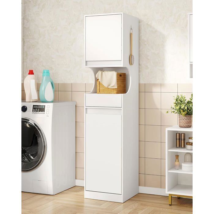Meuble de Salle de Bain Placard de Rangement Haut avec Panier à Linge Tiroir et Porte Étagère Réglable Blanc