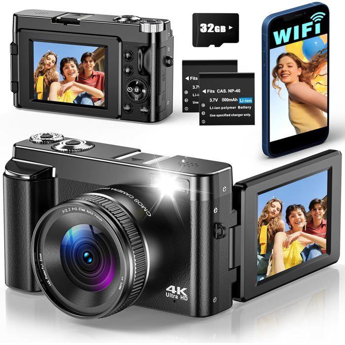 Appareil Photo Numérique WiFi 4K Appareil Photo Compact 64MP Vlog Écran