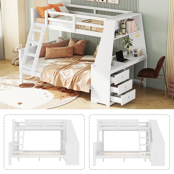 Lit superposé 90x200cm + 140x200cm Sommier a lattes lit 2 Personnes enfant avec table intégrée 3 Tiroirs échelle réglable Lit superposé 90x200cm + 140x200cm Sommier a lattes lit 2 Personnes enfant avec table intégrée 3 Tiroirs échelle réglable