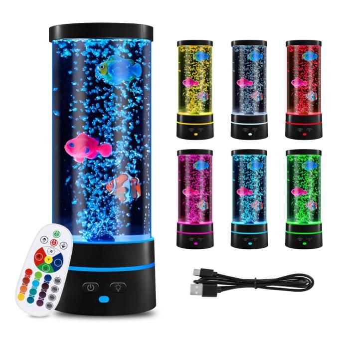 Lampe à Lave avec Poisson USB LED 29 cm 16 Couleurs Changeantes Lampe à Bulles dAmbiance pour Enfants Cadeau de Noël et