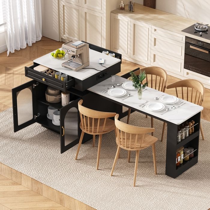 Îlot de Cuisine avec Roulettes Table de Bar avec Multiprise Table à Manger Extensible avec éclairage LED Buffet Cuisine Noir